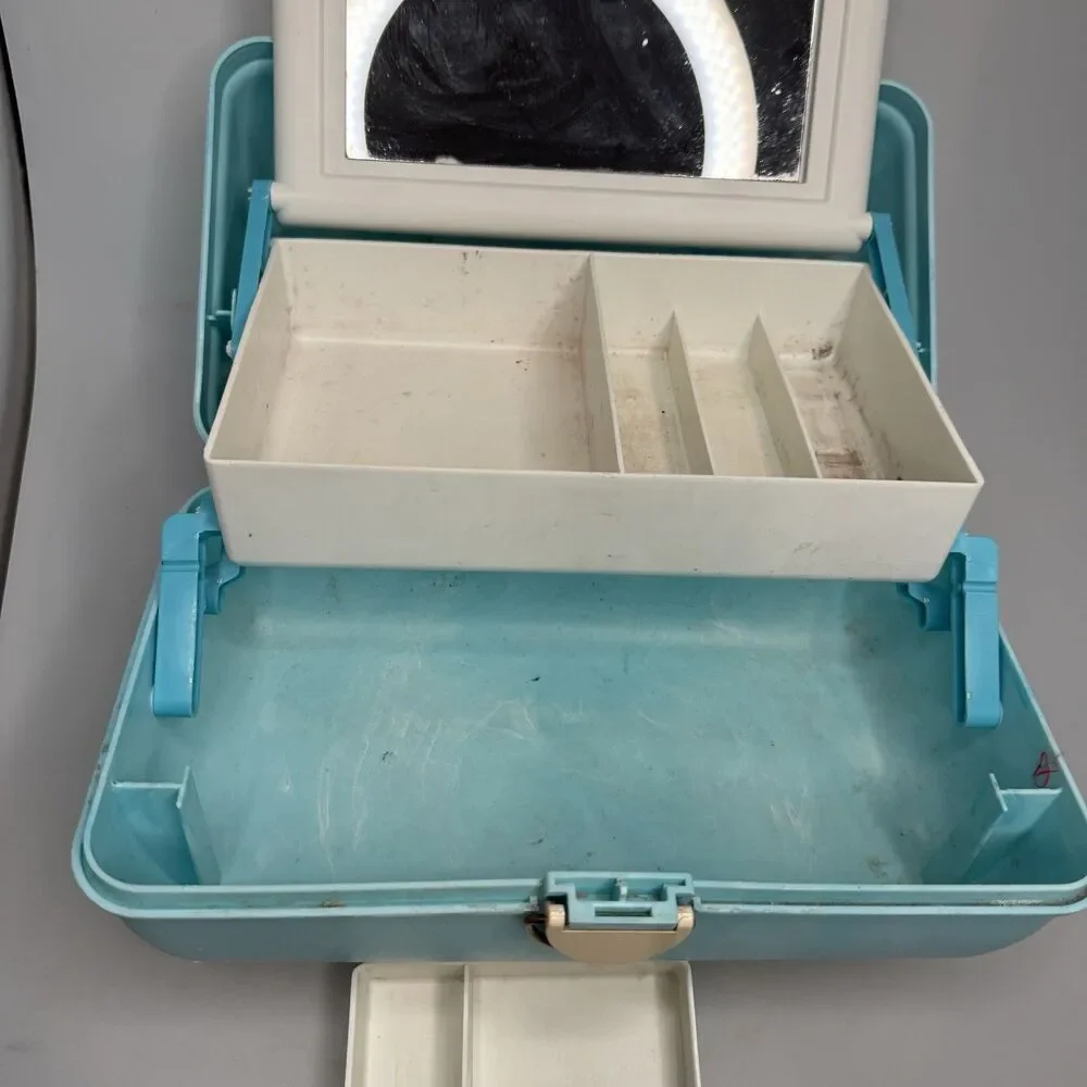 Caboodles Vintage 90s Makeup Case Blue Marble 2 Tier Tray Mirror GUC